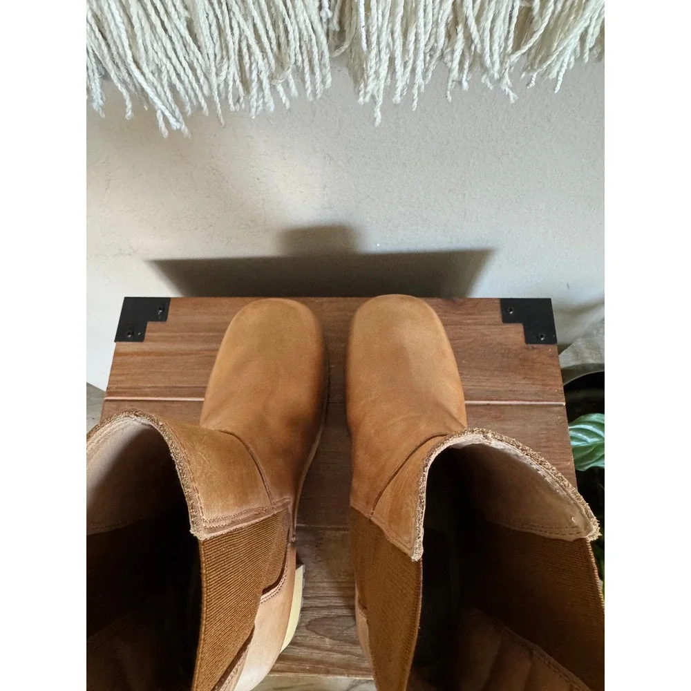 Free People MIA Justina Tan Leather Platform Block Heel Lug Sole Clog Boots Sz 9